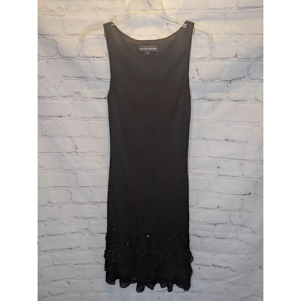 Jones New York Women's Black 100% Silk Beaded Layered Hem Dress Sz 8